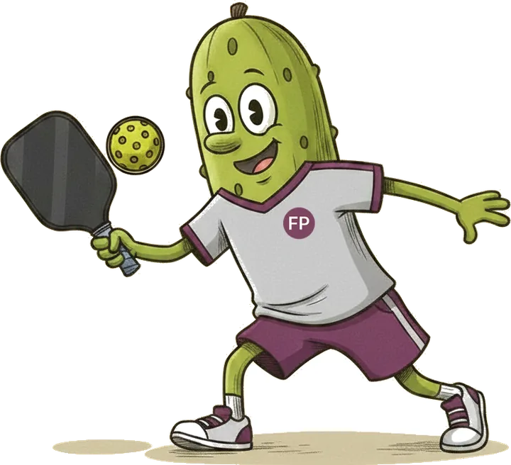 The FancyPickle mascot, a cartoon pickle mid-swing with a paddle and ball